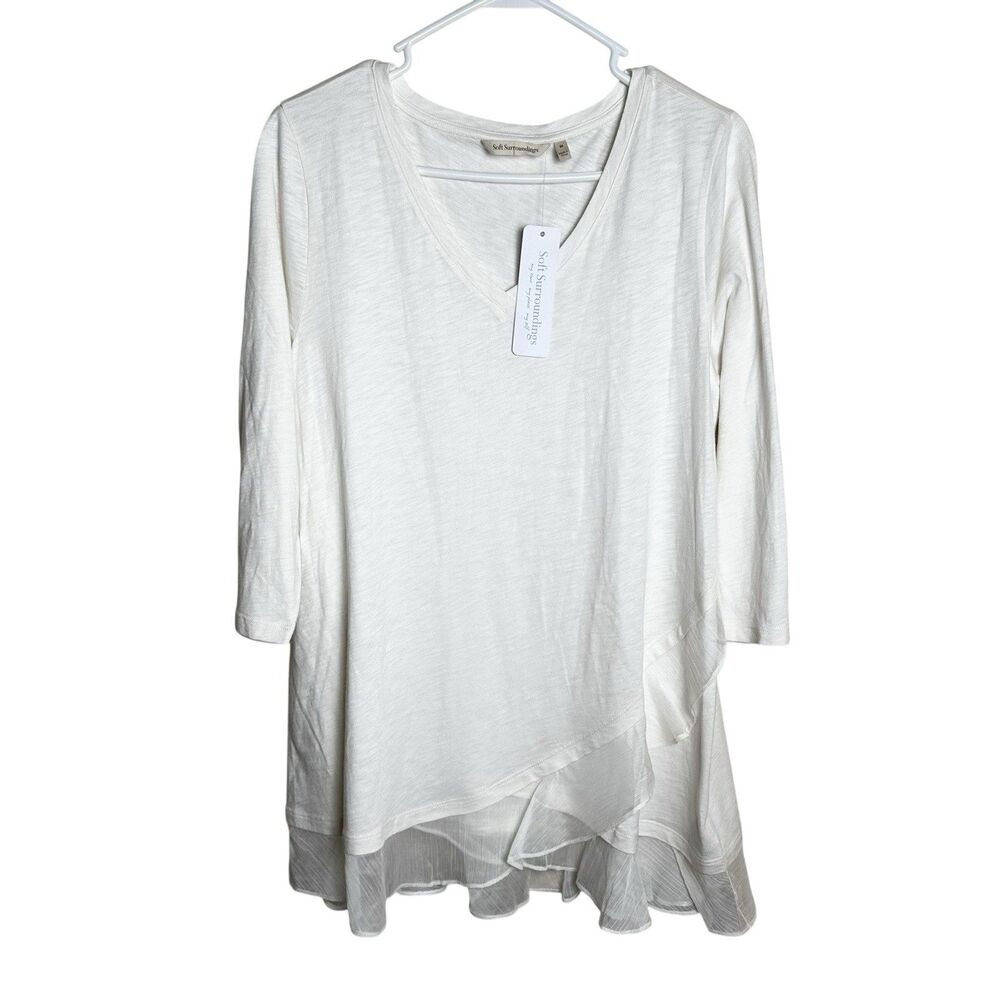 Soft Surroundings Grace Tunic Top Ivory Pearl Medium NWT‎ Asymmetric Ruffle Hem